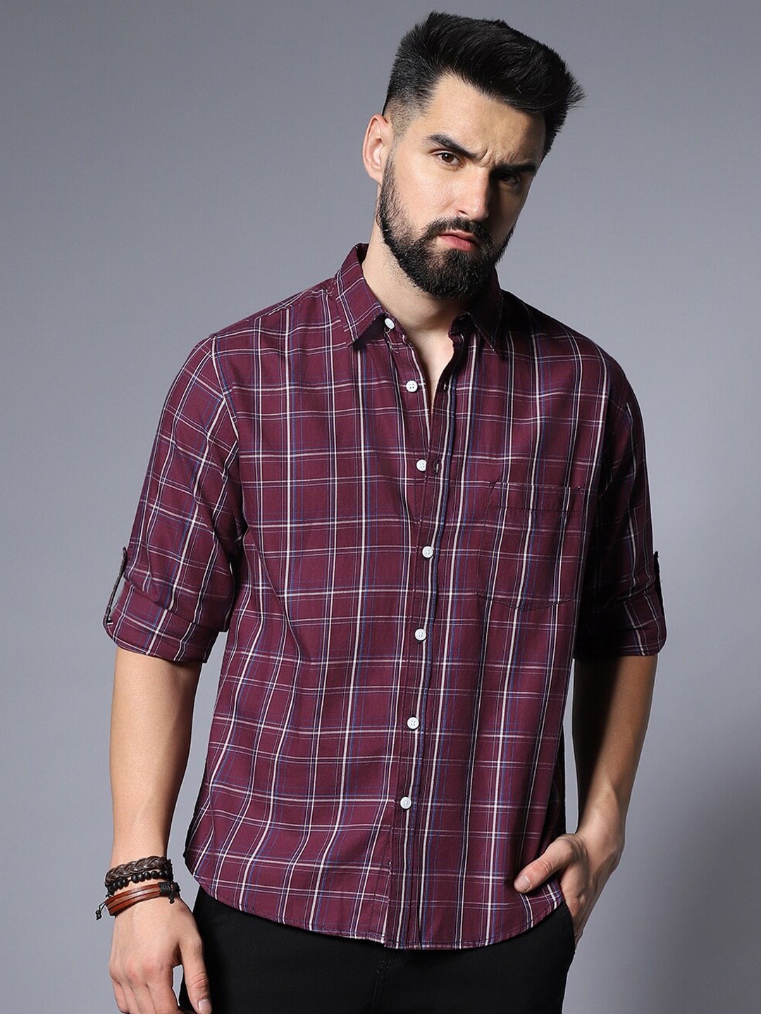 

High Star Classic Grid Tattersall Checked Roll-Up Sleeves Pure Cotton Casual Shirt, Maroon