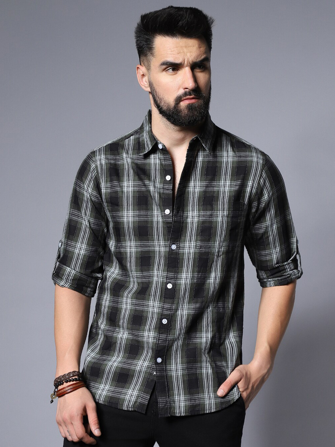 

High Star Men Classic Checked Casual Shirt, Olive