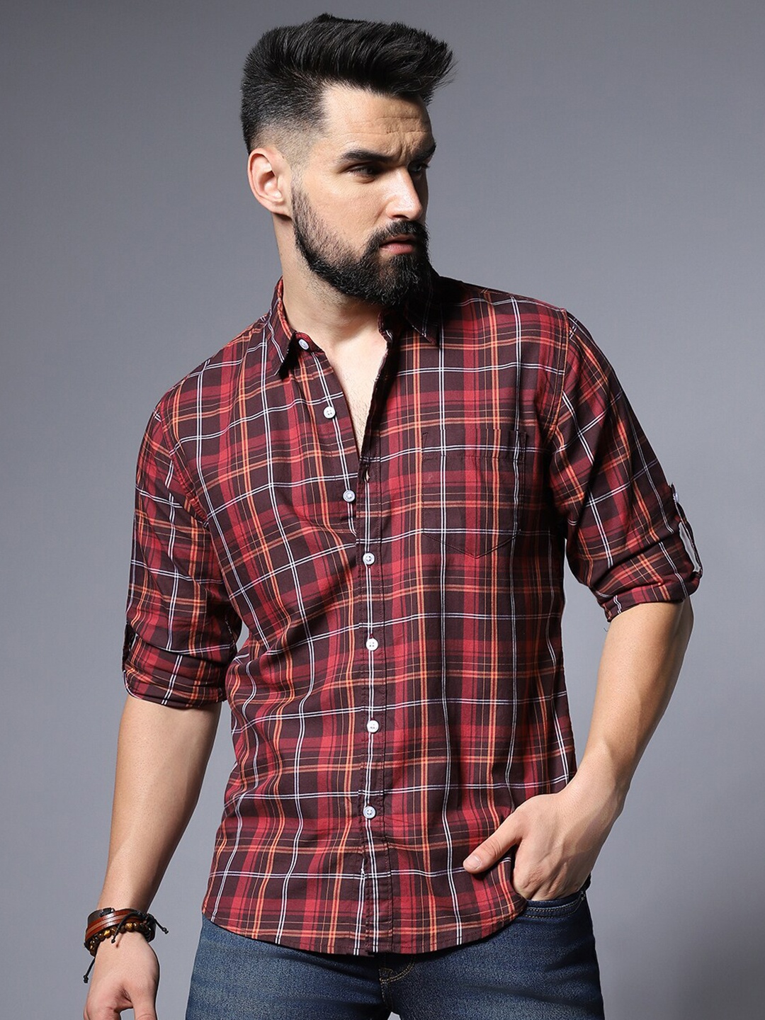 

High Star Classic Checked Roll-Up Sleeves Casual Pure Cotton Shirt, Maroon