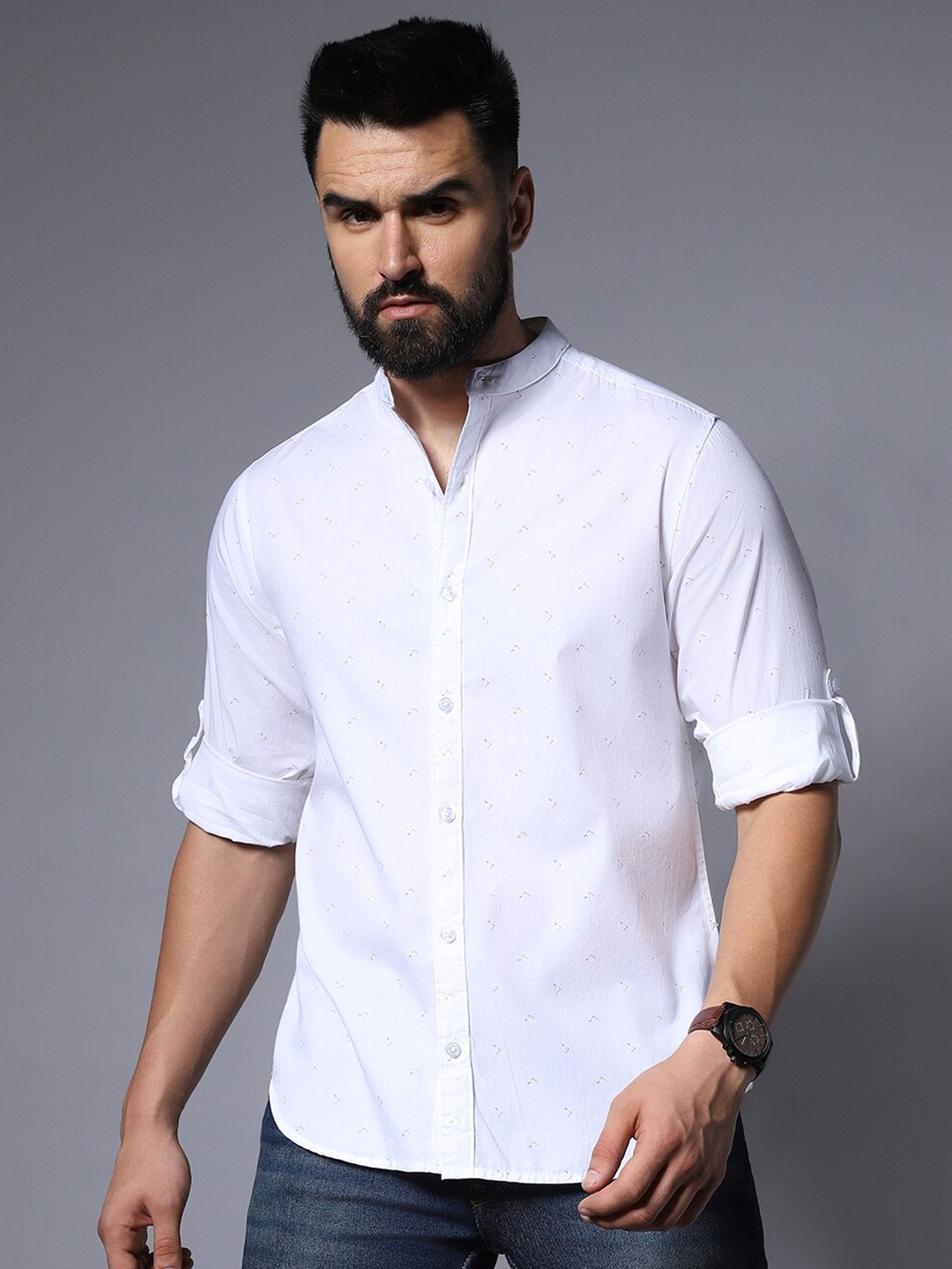 

High Star Classic Band Collar Roll-Up Sleeves Casual Pure Cotton Shirt, White