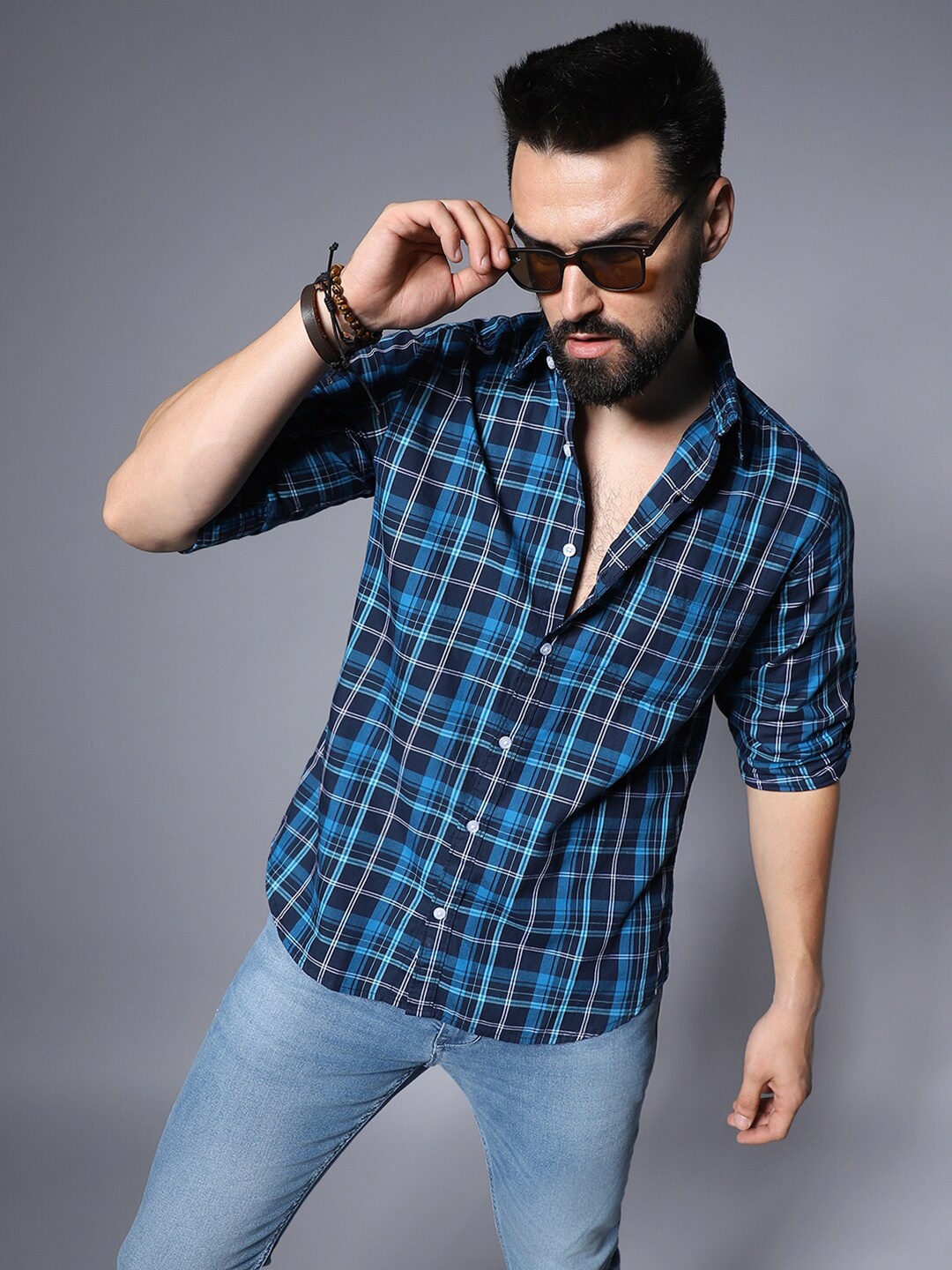 

High Star Men Blue Classic Opaque Checked Casual Shirt