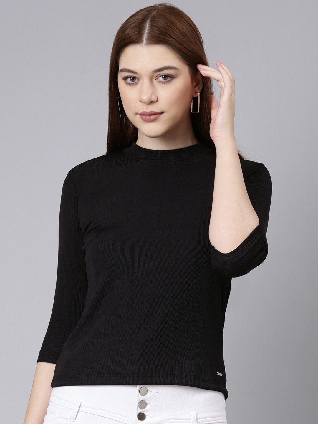 

TWIN BIRDS Stretchable High Neck Top, Black