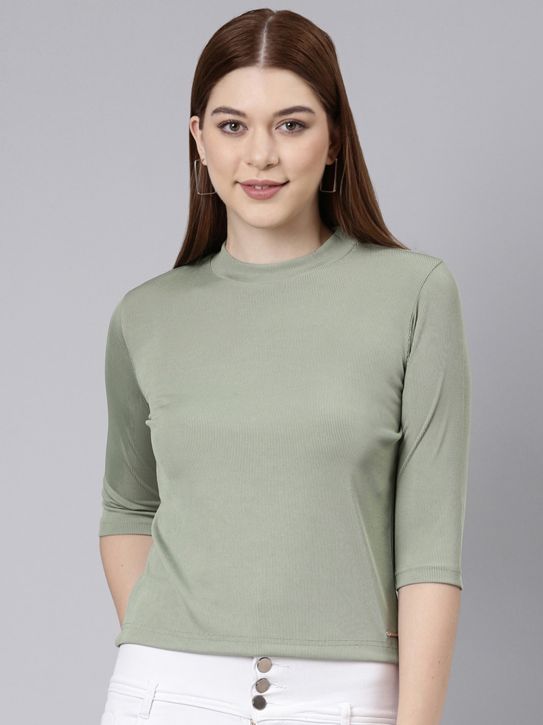 

TWIN BIRDS Stretchable High Neck Top, Green