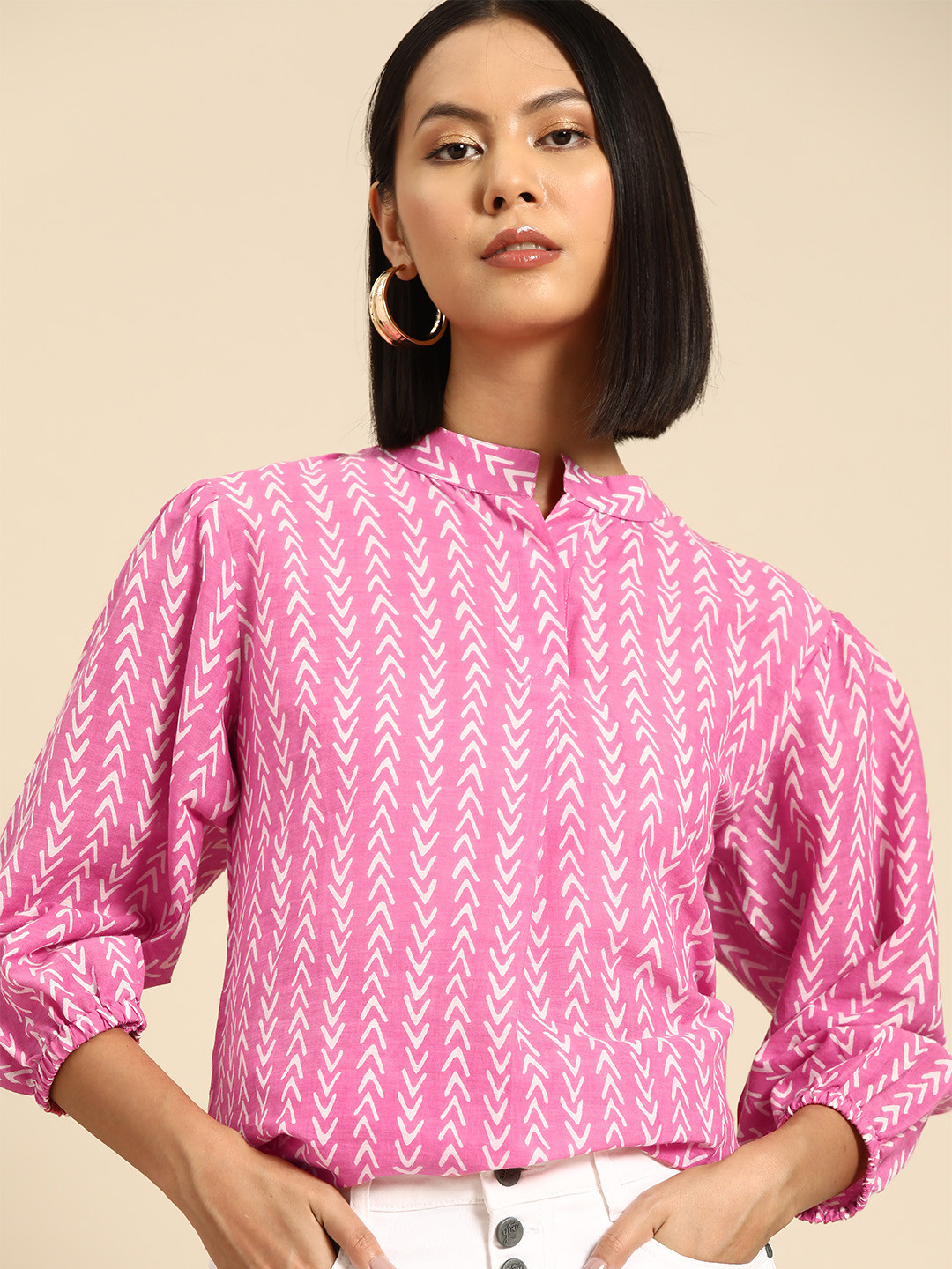

all about you Printed Mandarin Collar Puff Sleeves Cotton Longline Top, Pink