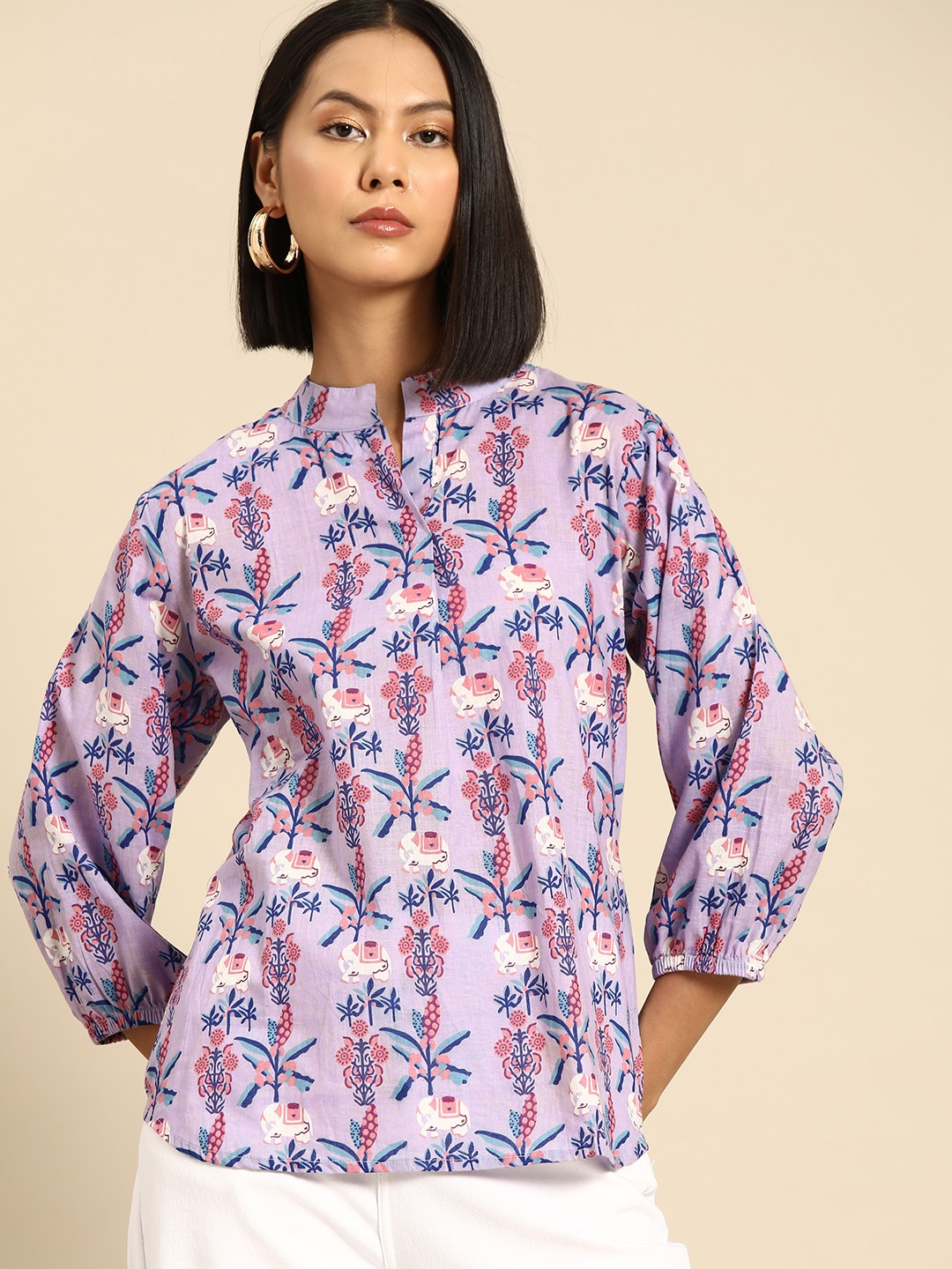 

all about you Floral Print Mandarin Collar Puff Sleeves Cotton Longline Top, Lavender