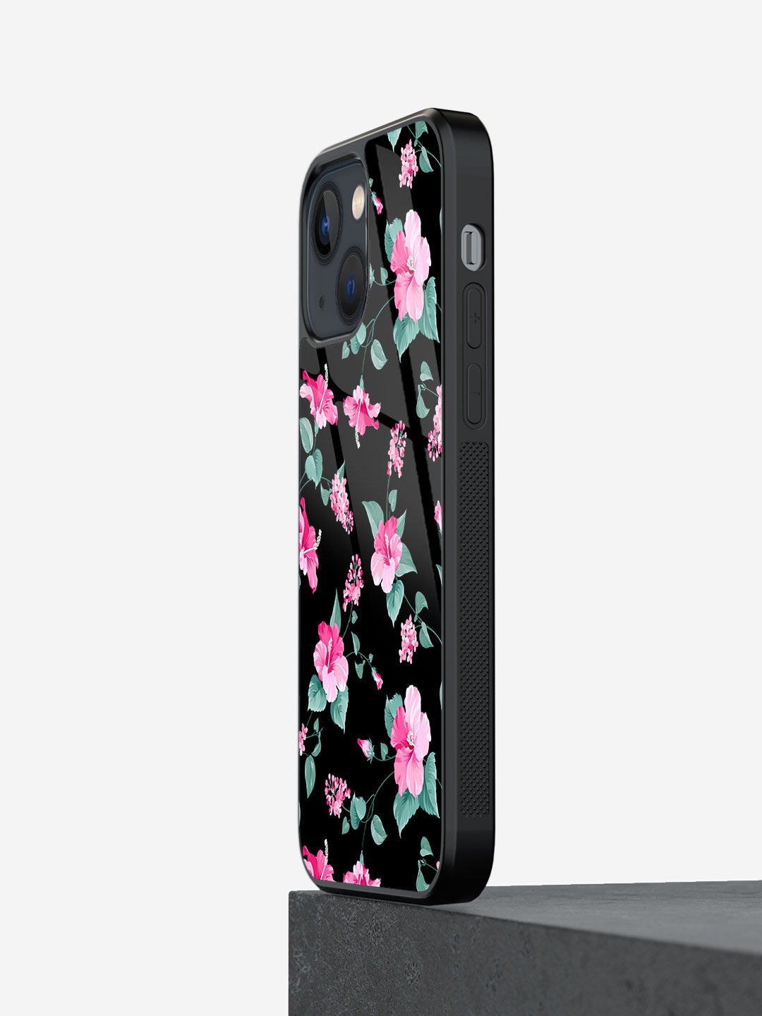 

macmerise Hibiscus Design Printed Glass iPhone 13 Mini Mobile Back Case, Black