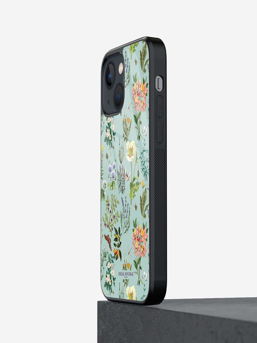 

macmerise Floral Printed Glass Case for iPhone 13 Mini Phone Back case, Blue