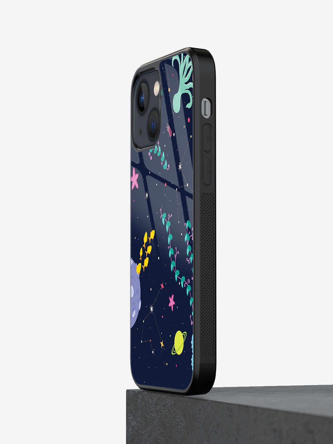 

macmerise Space Aquarium Printed iPhone 13 Mini Glass Back Case, Navy blue