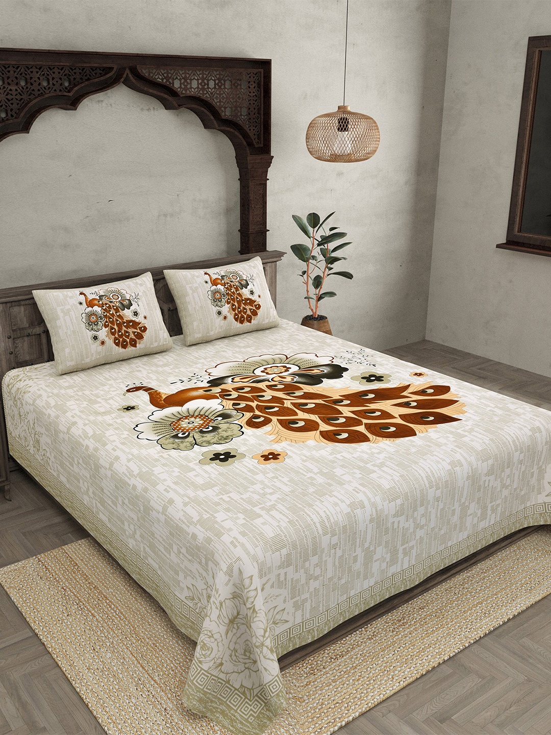 

JAIPUR FABRIC Grey & Brown Printed Cotton 250 TC King Bedsheet with 2 Pillow Covers