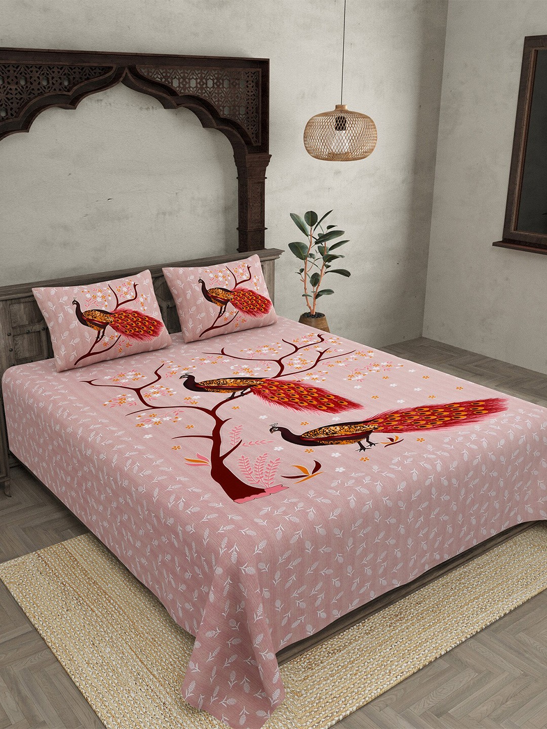 

JAIPUR FABRIC Peach & Red Printed Cotton 250 TC Queen Bedsheet with 2 Pillow Covers