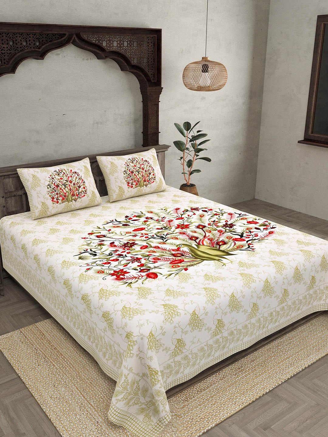 

JAIPUR FABRIC Cream & Green Printed Cotton 250 TC Queen Bedsheet with 2 Pillow Covers