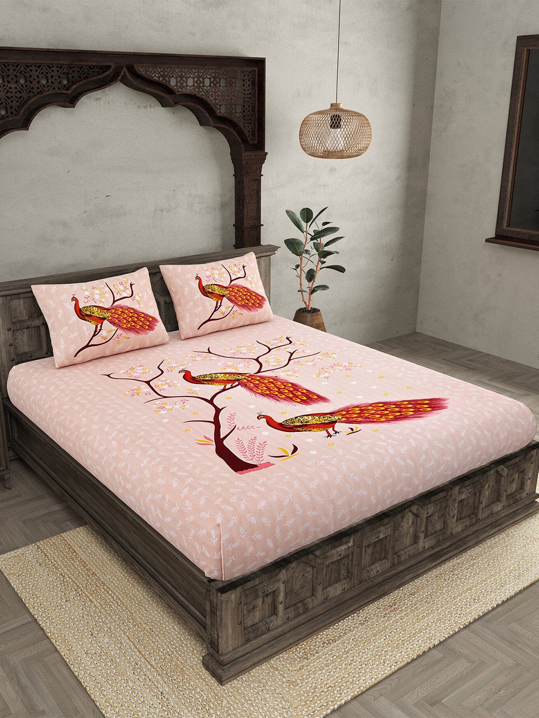 

JAIPUR FABRIC Peach & Red Printed Cotton 250 TC Queen Bedsheet with 2 Pillow Covers