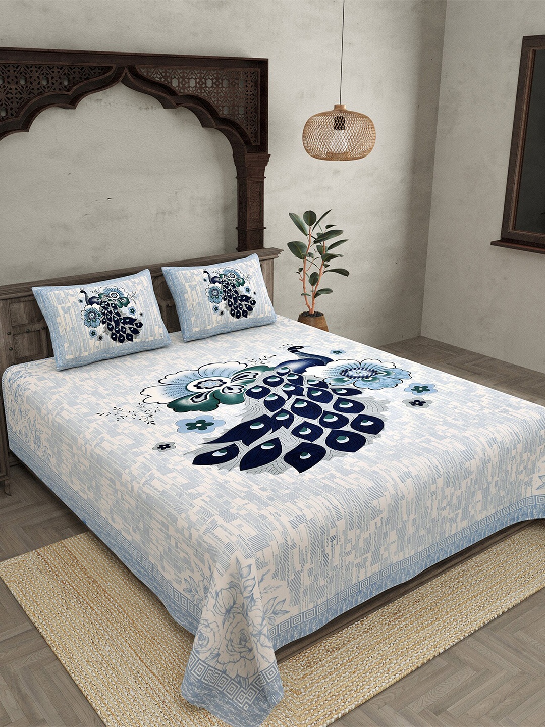

JAIPUR FABRIC White & Blue Printed Cotton 250 TC Queen Bedsheet with 2 Pillow Covers