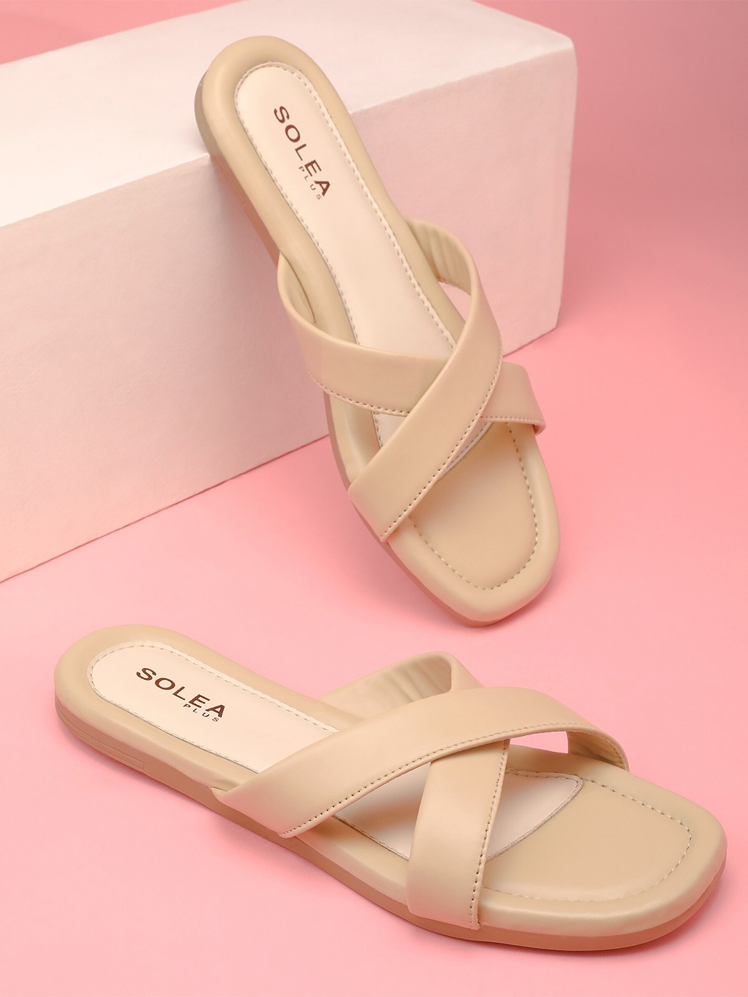 

Paragon Lightweight Cross Strap Open Toe Flats, Beige