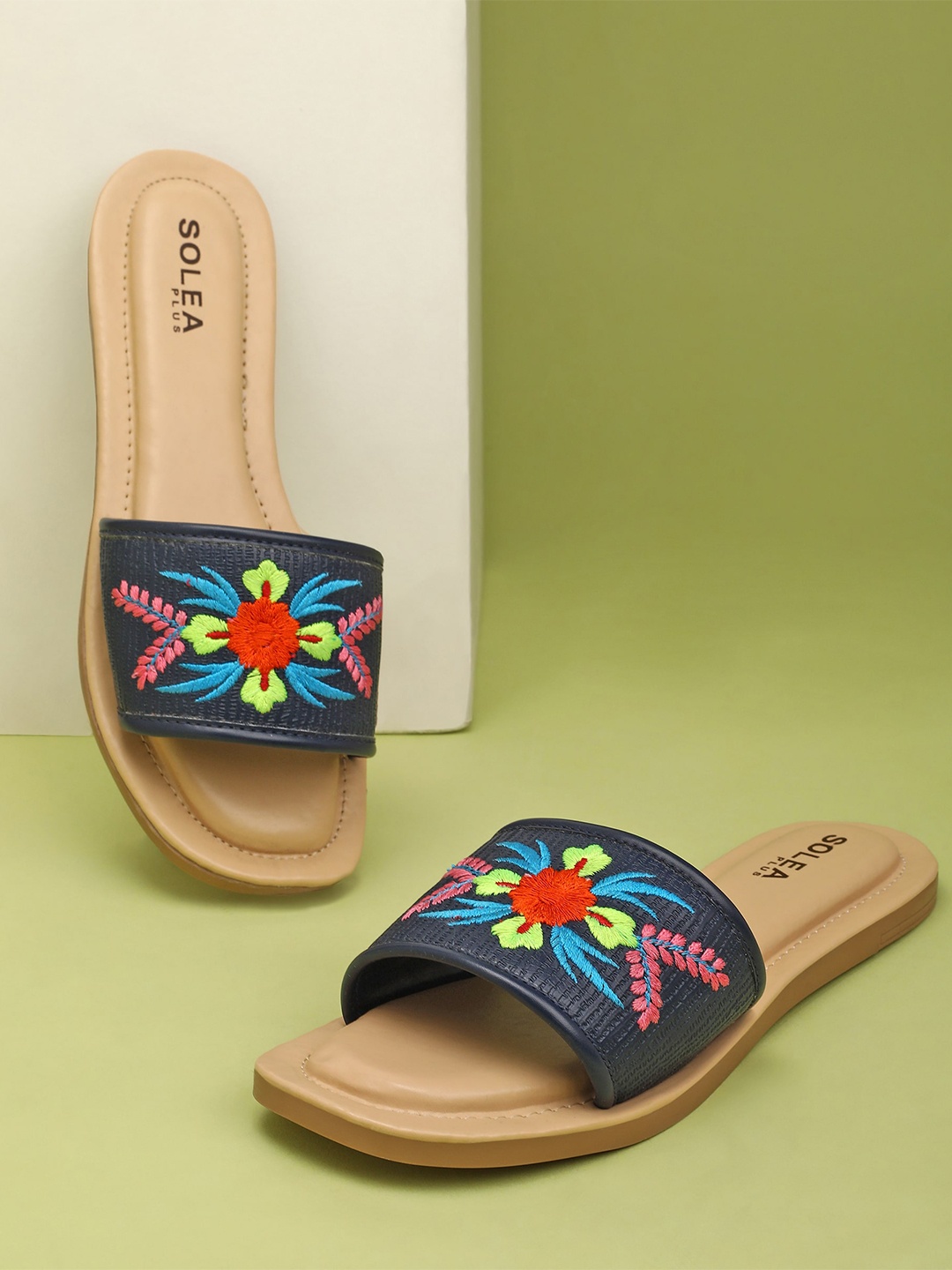 

Paragon Embroidered Lightweight Open Toe Flats, Navy blue