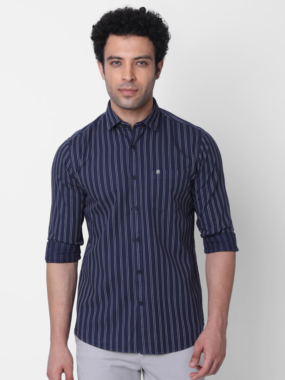 

Oxemberg Classic Slim Fit Grid Striped Casual Shirt, Navy blue