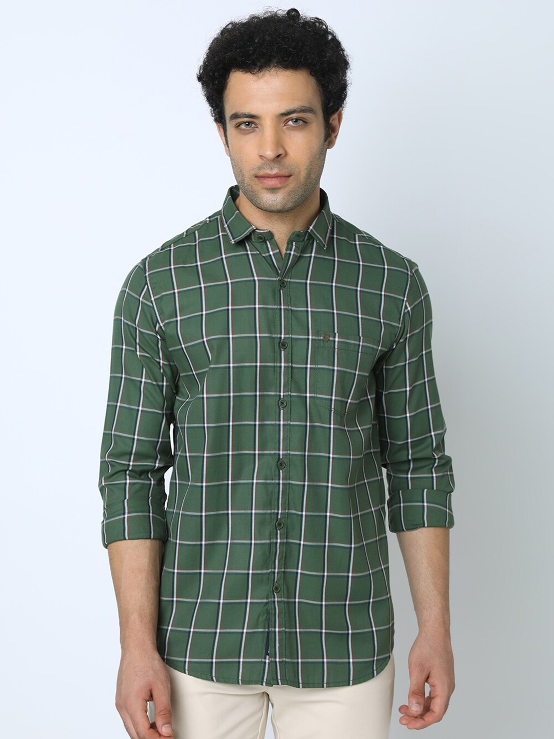 

Oxemberg Classic Spread Collar Opaque Checked Cotton Casual Shirt, Olive