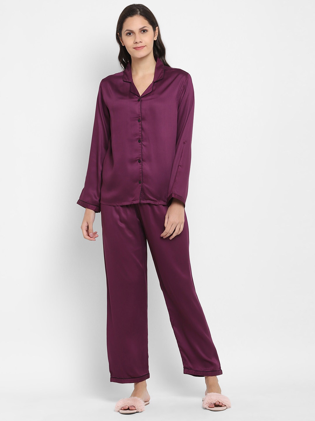 

shopbloom Lapel Collar Ultra Soft Satin Night suit, Purple
