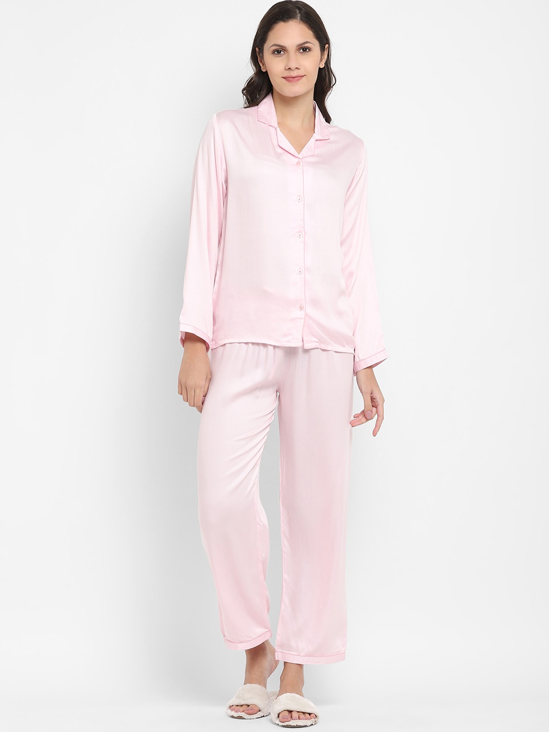 

shopbloom Lapel Collar Ultra Soft Satin Night suit, Pink