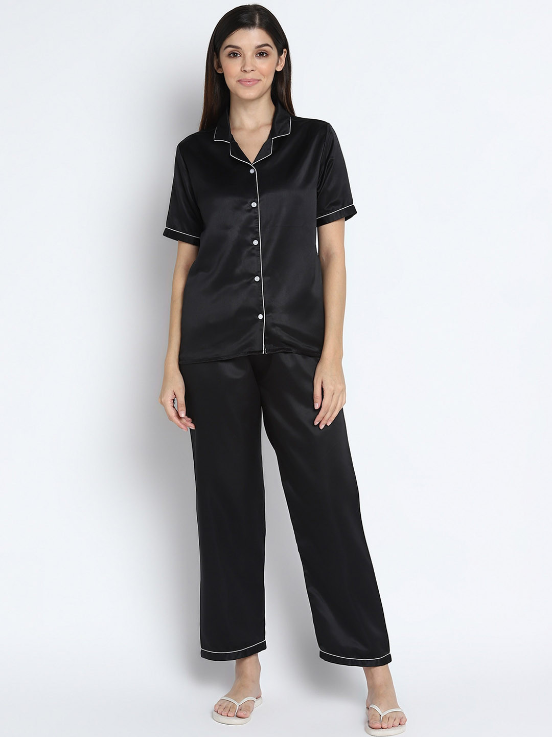 

shopbloom Lapel Collar Ultra Soft Satin Night suit, Black