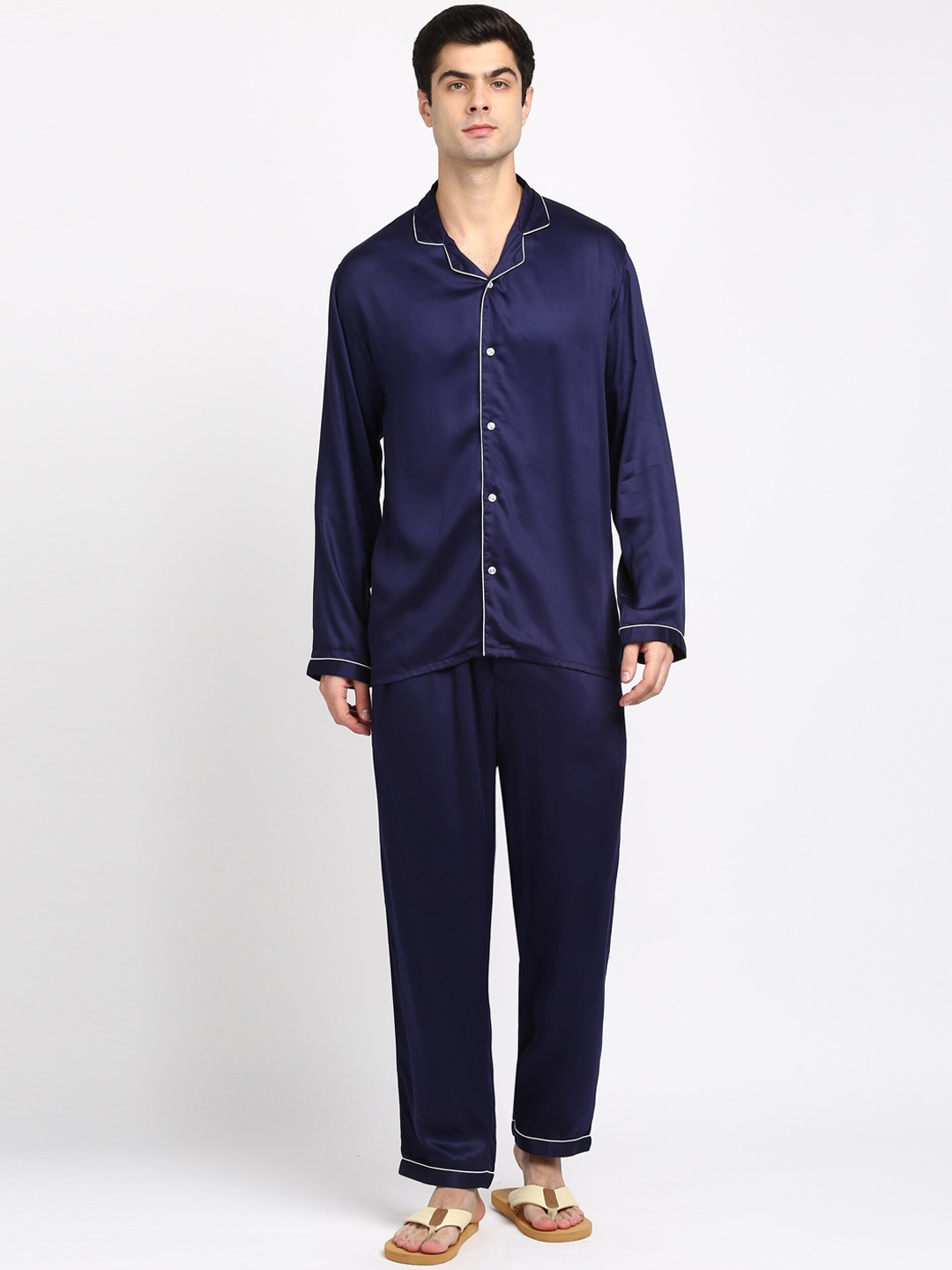 

shopbloom Lapel Collar Ultra Soft Satin Night suit, Navy blue