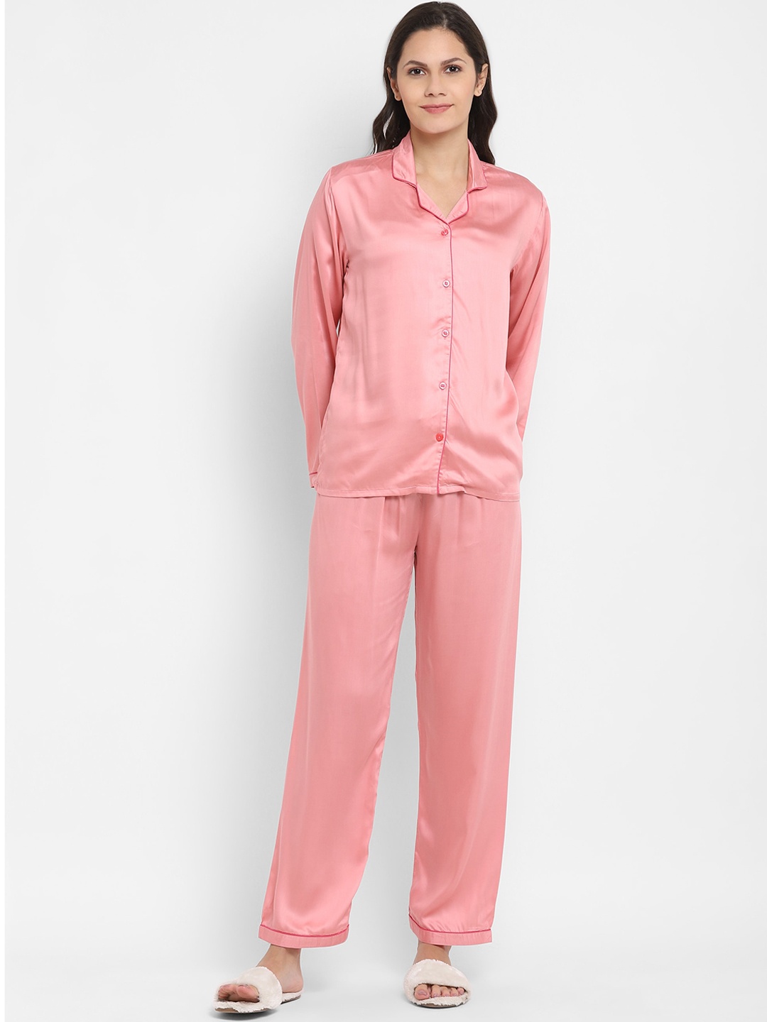 

shopbloom Lapel Collar Ultra Soft Satin Night suit, Pink