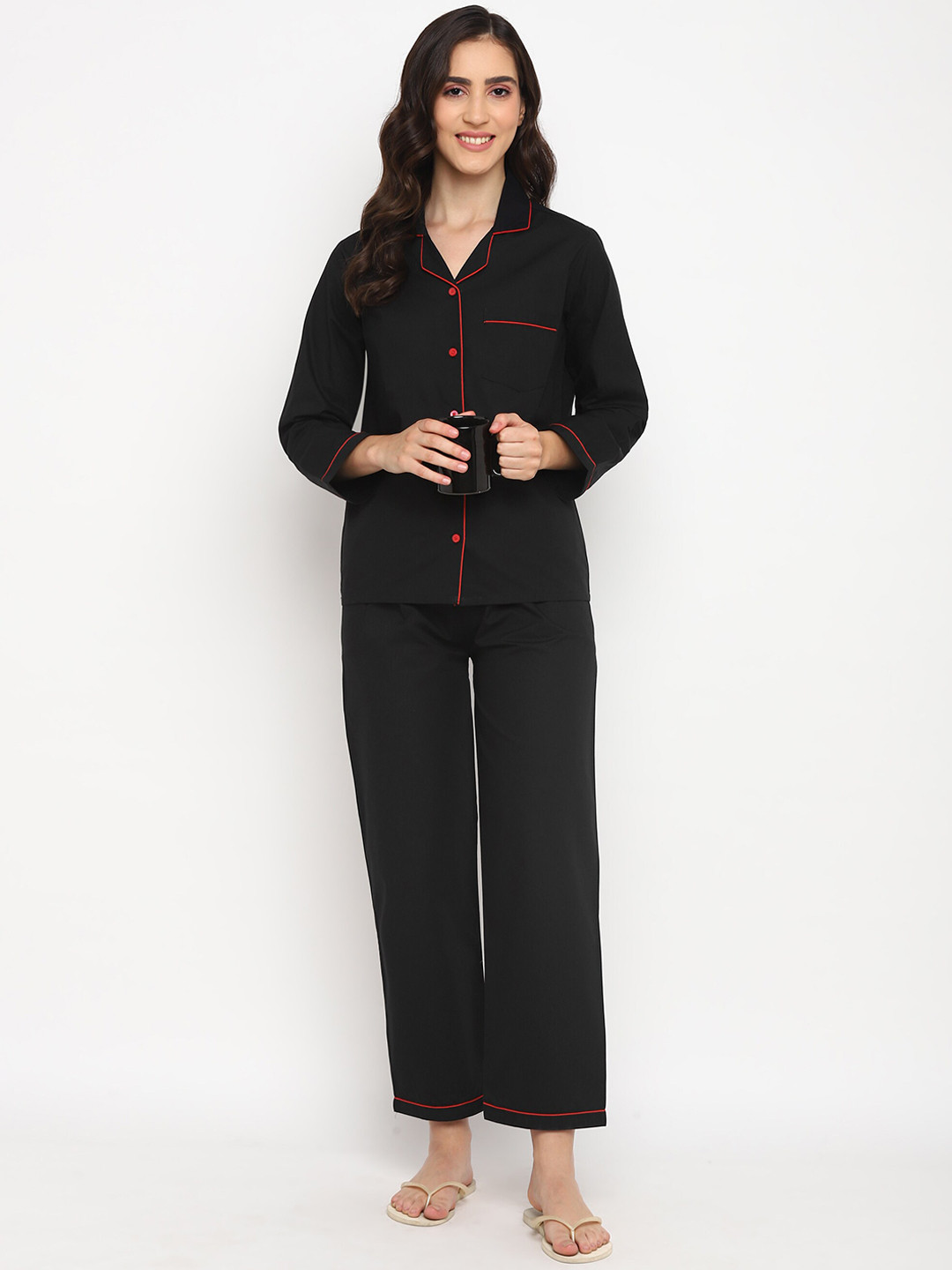 

shopbloom Lapel Collar Pure Cotton Night suit, Black