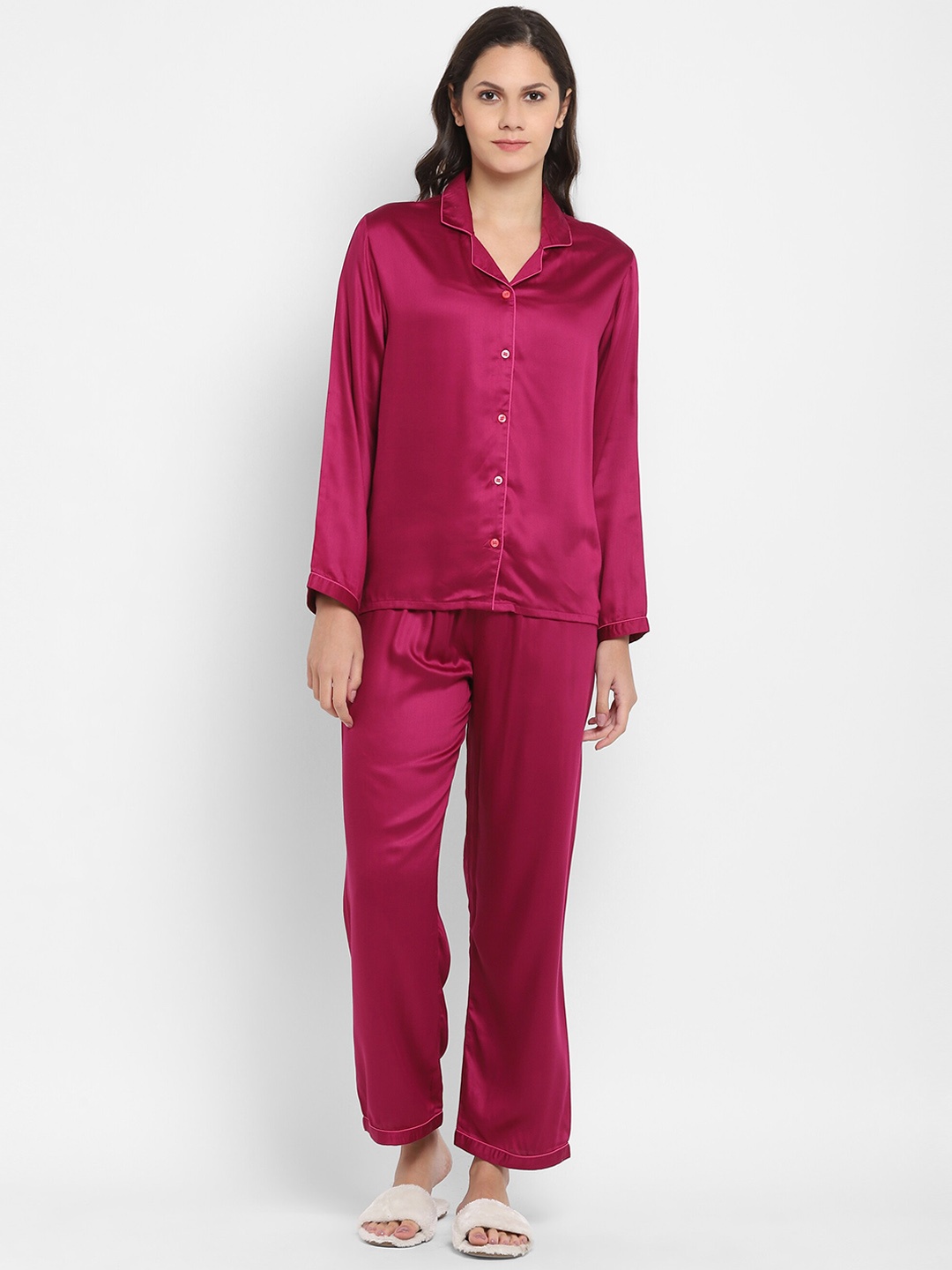 

shopbloom Lapel Collar Ultra Soft Satin Night suit, Magenta