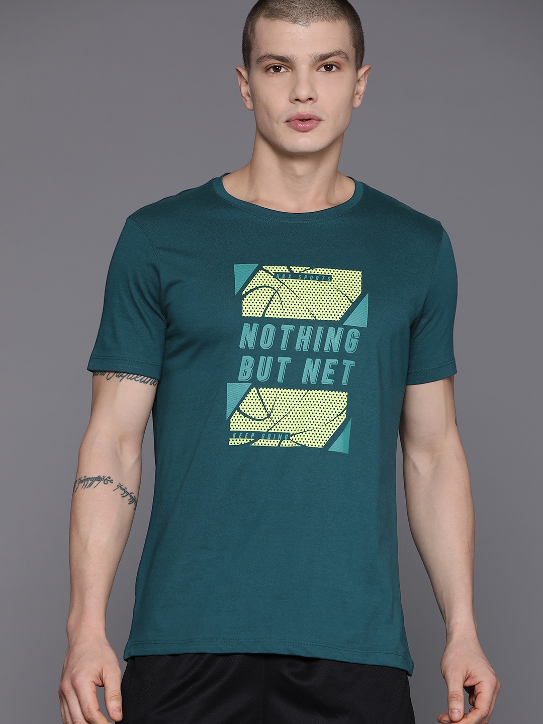 

HRX by Hrithik Roshan Typography Printed Pure Cotton Basketball T-shirt, Teal