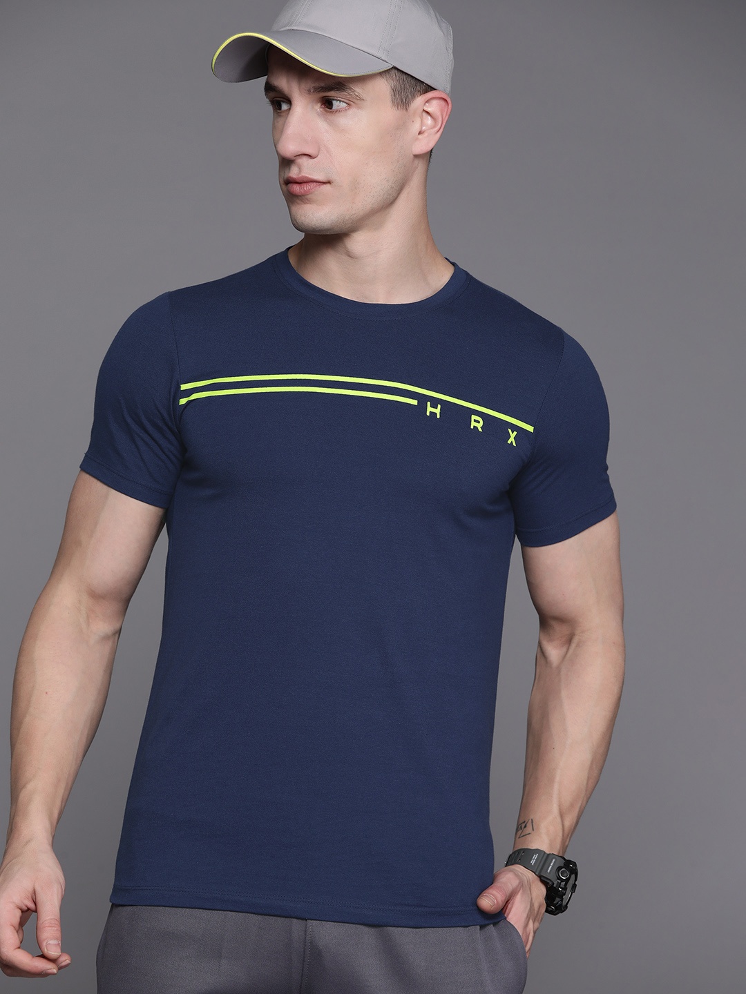

HRX by Hrithik Roshan Rapid-Dry Striped Training T-shirt, Navy blue