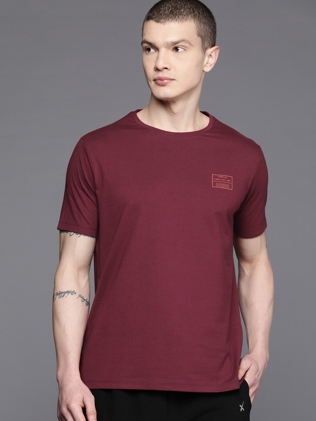 

HRX by Hrithik Roshan Printed Detail Round-Neck Rapid-Dry Training T-shirt, Maroon