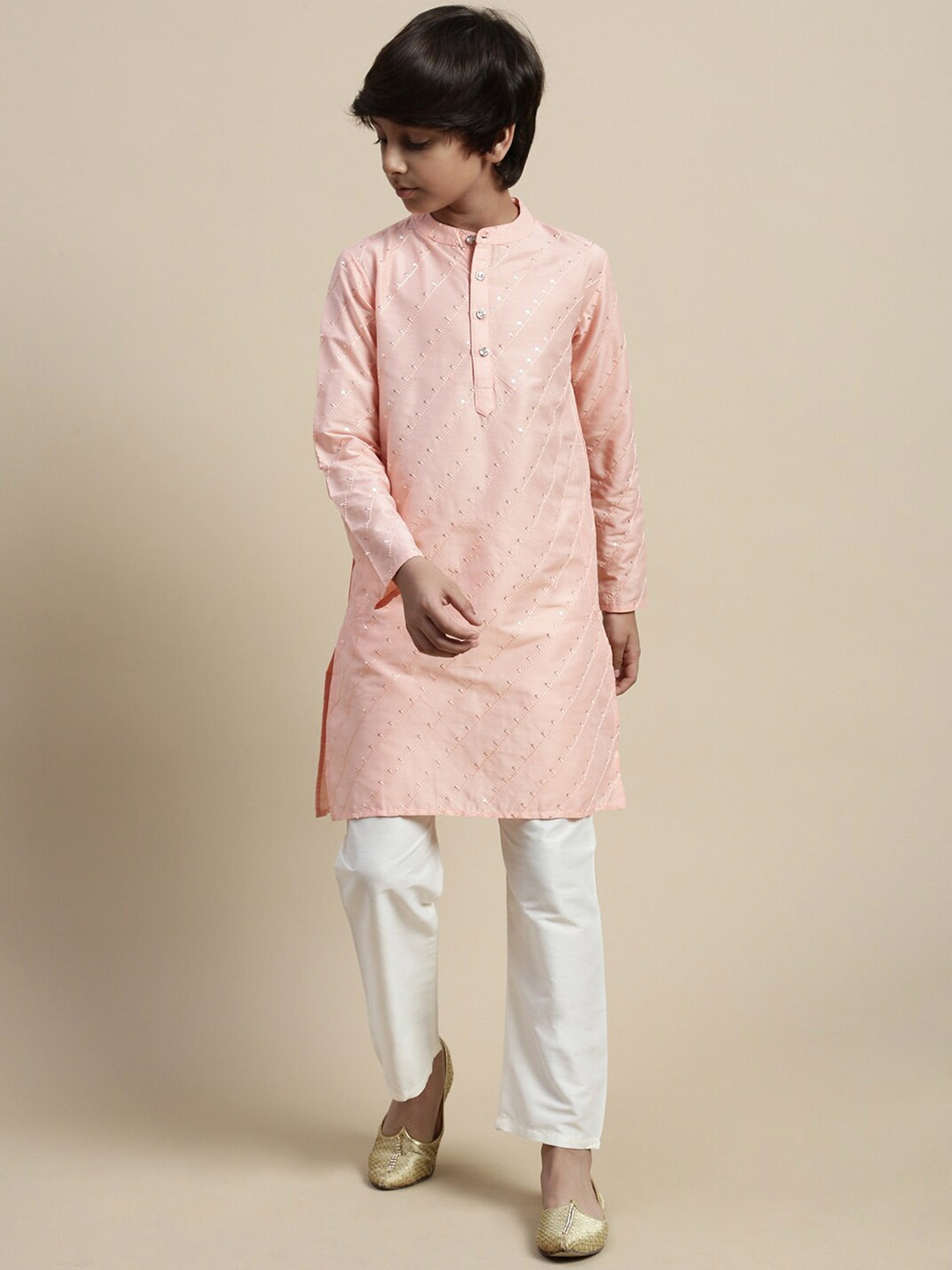 PIPIN Boys Sequins Detail Band Collar Straight Kurta, Coral
