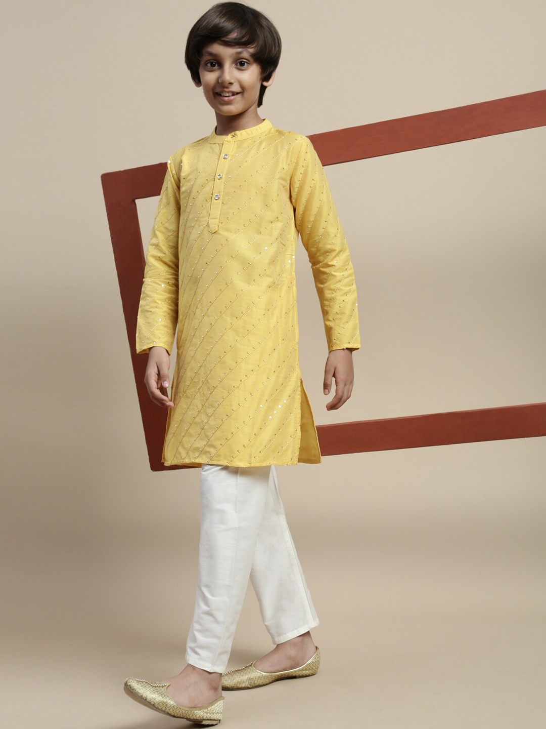 

PIPIN Boys Sequins Detail Band Collar Straight Kurta, Yellow