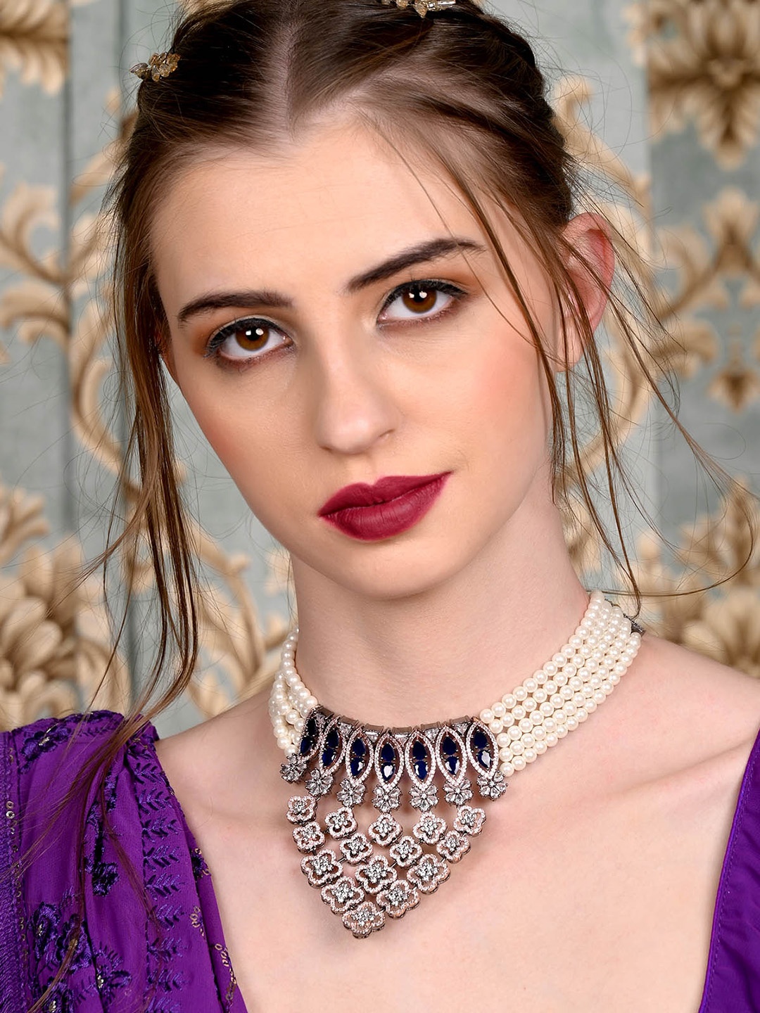 

ODETTE Rose Gold-Plated Stone-Studded & Beaded Jewellery Set