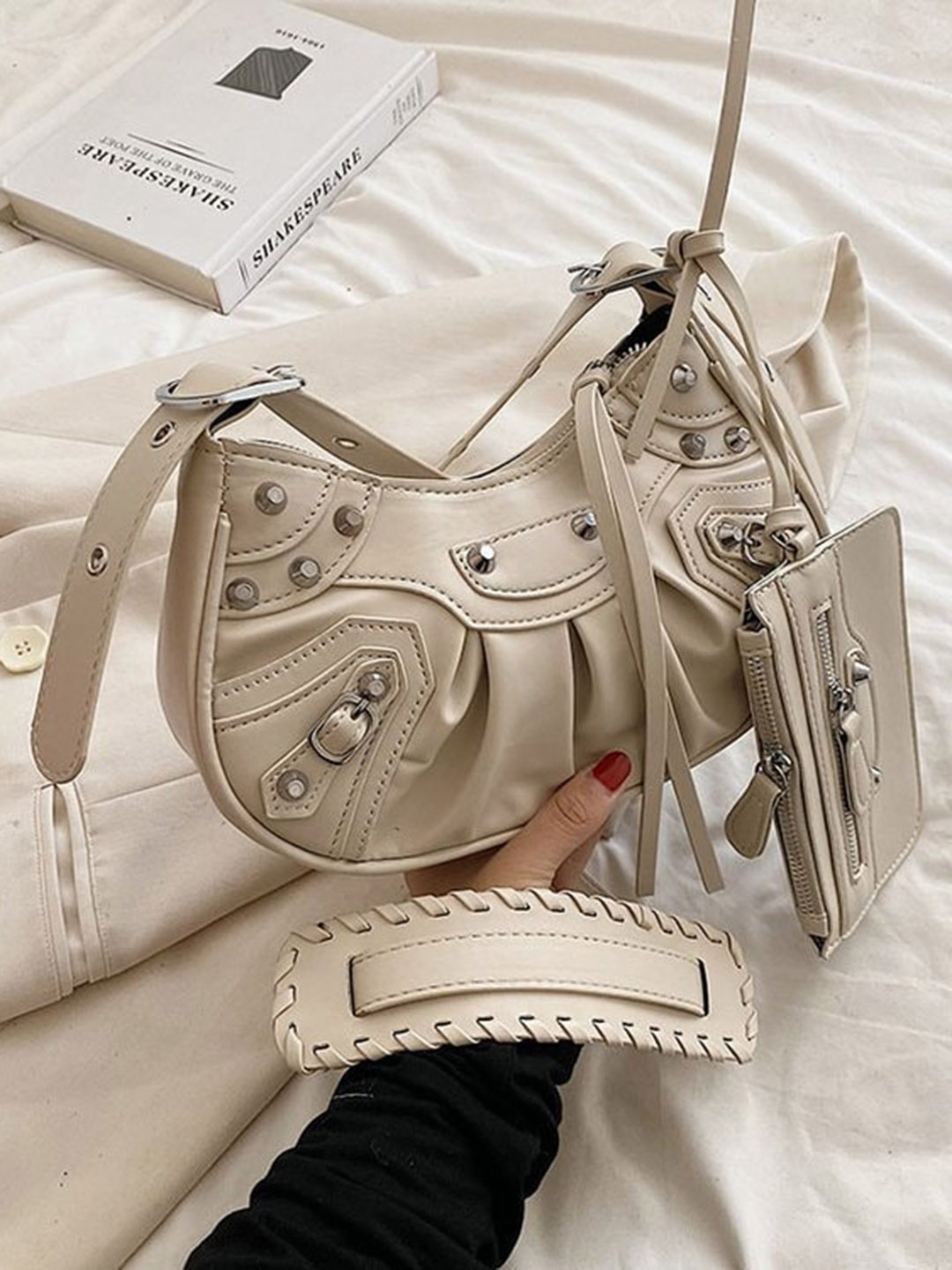 

Diana Korr White Embellished PU Bucket Handheld Bag with Quilted