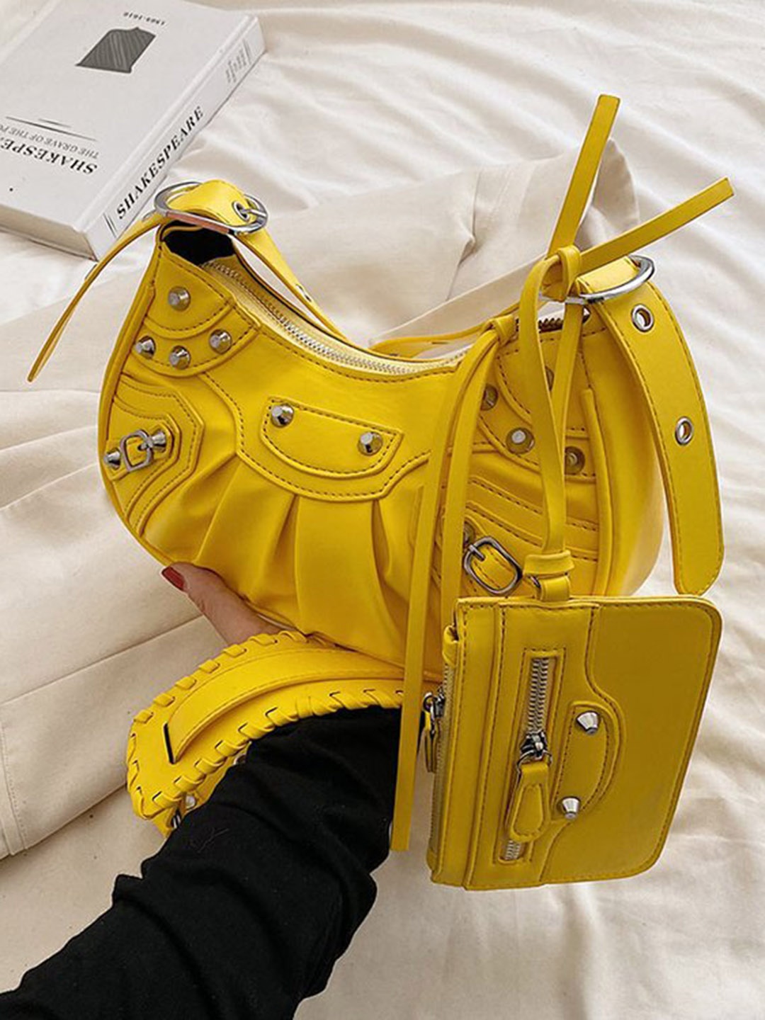 

Diana Korr Yellow PU Bucket Shoulder Bag with Applique