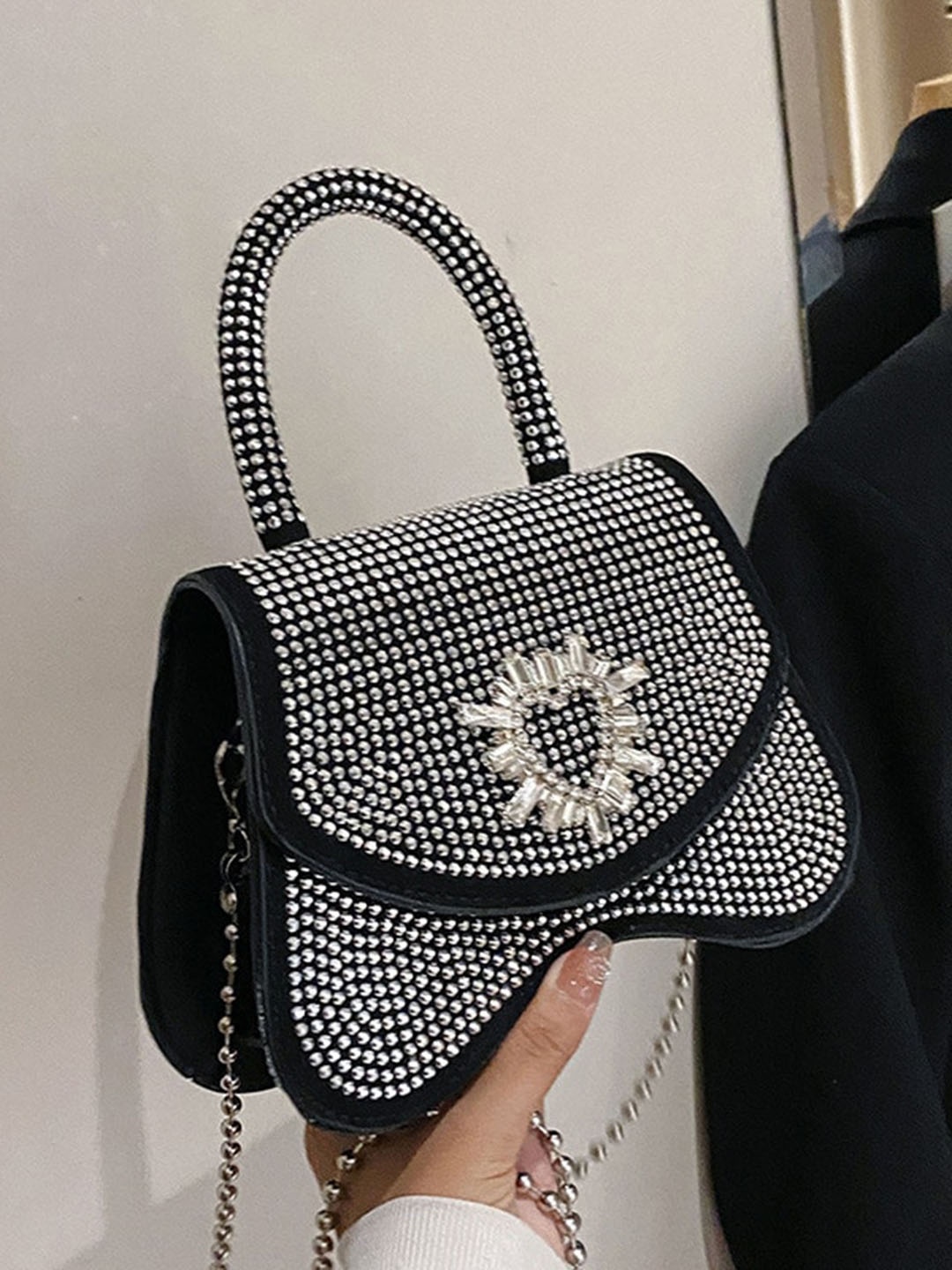 

Diana Korr Silver-Toned Embellished PU Structured Handheld Bag