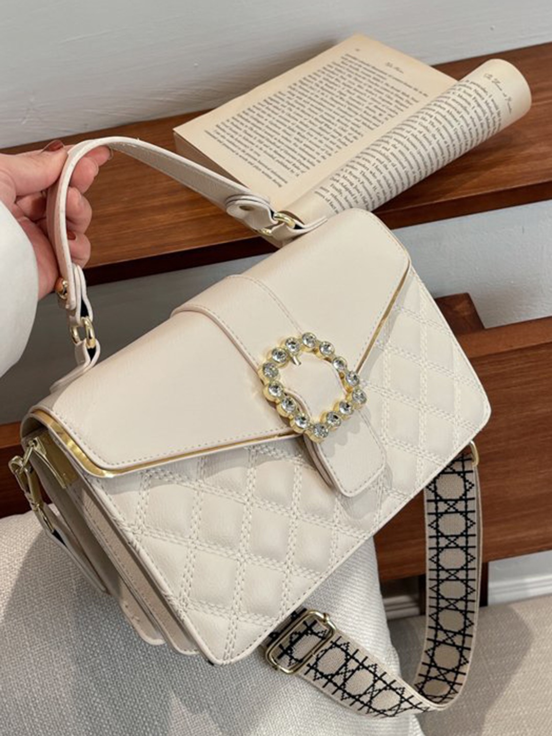 

Diana Korr Textured Bucket Satchel with Quilted, White