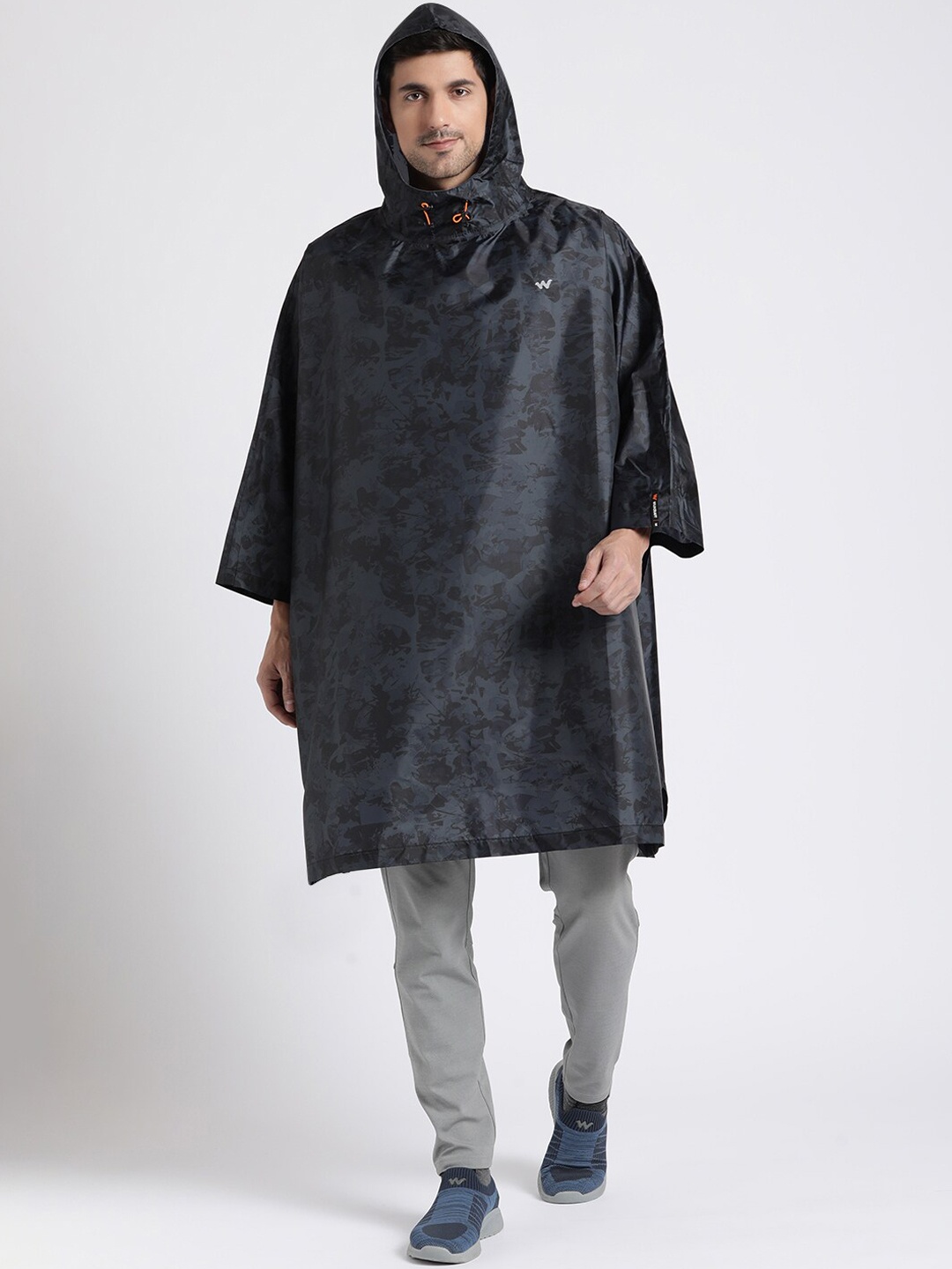 

Wildcraft Camouflage Printed Hooded Poncho Style Rain Jacket, Black