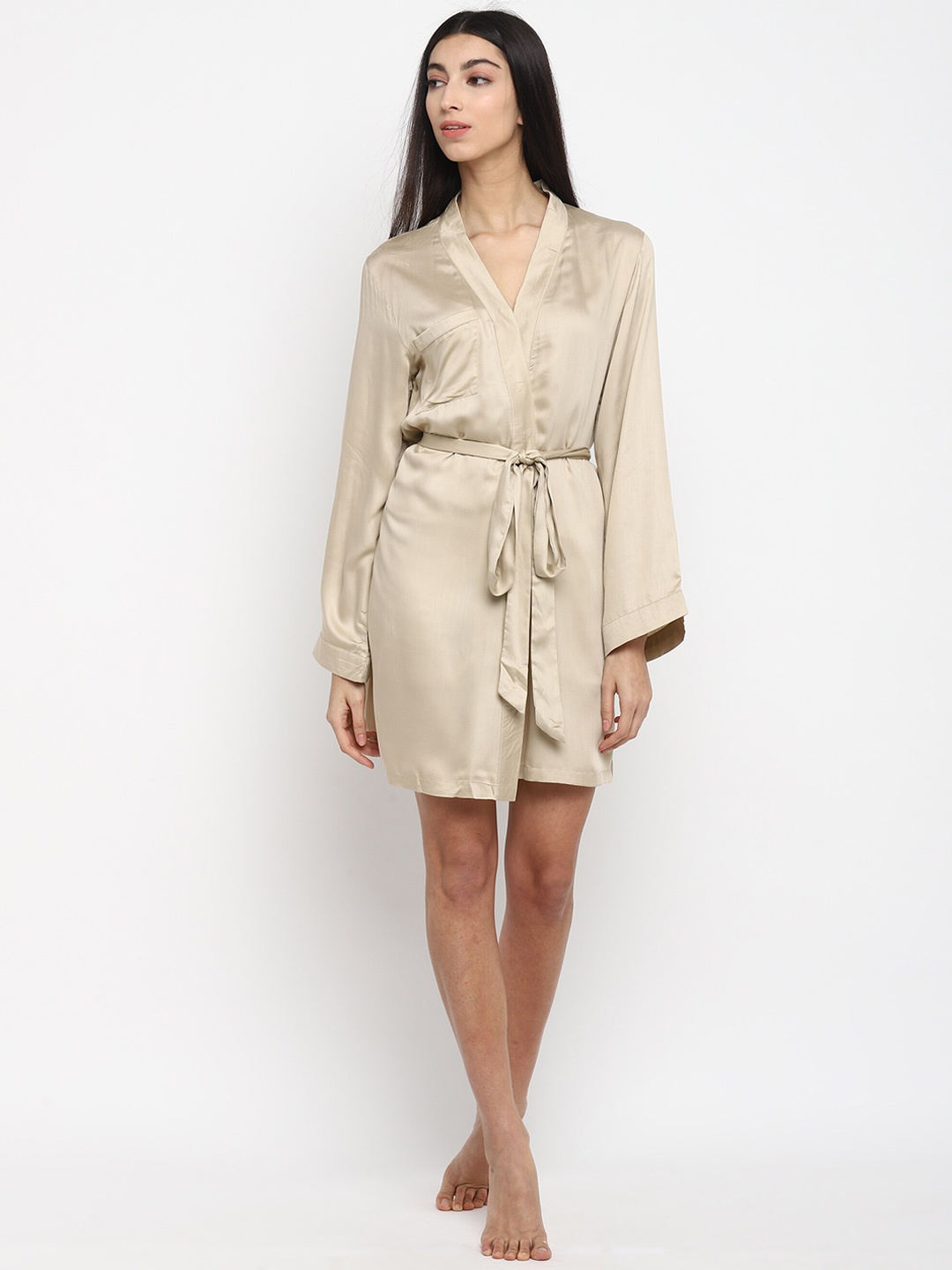 

shopbloom Tie-Up Knee-Length Robe, Beige