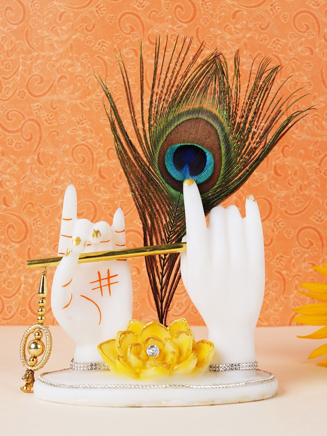 

FASHIYANOO White Ladoo Gopal with Morepankh on Golden Rose Showpieces