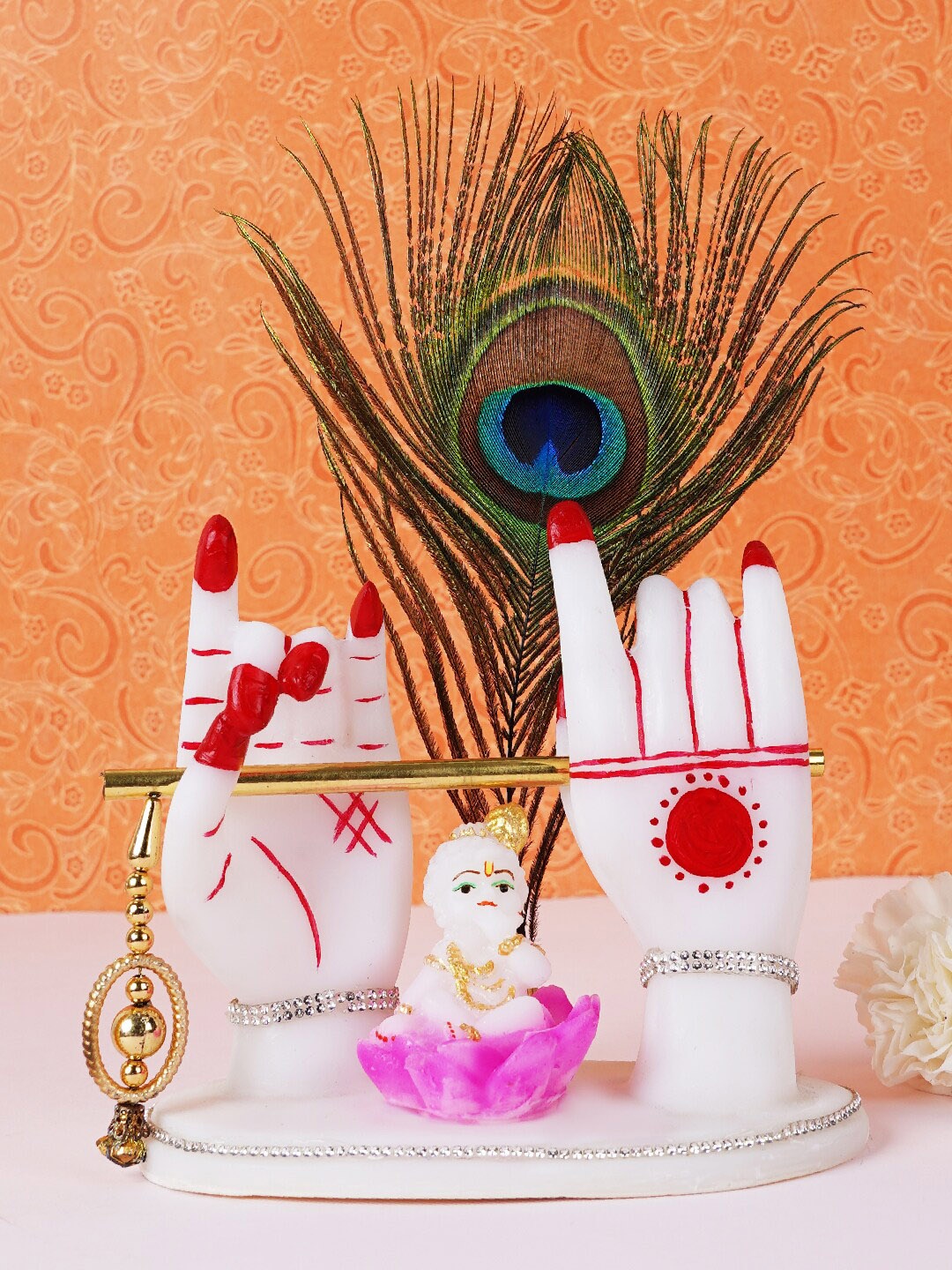 

FASHIYANOO White & Pink Ladoo Gopal with Morepankh Showpiece