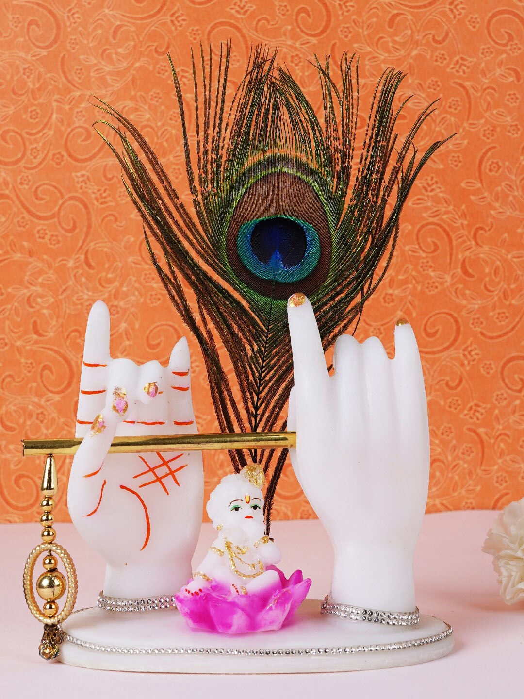 

FASHIYANOO White & Pink Ladoo Gopal Morepankh Showpiece