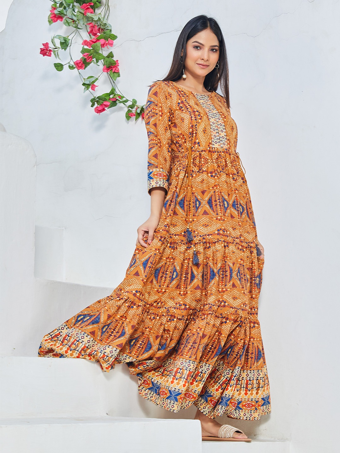 

Biba Ethnic Motifs Printed Fit & Flare Tiered Cotton Ethnic Dress, Mustard