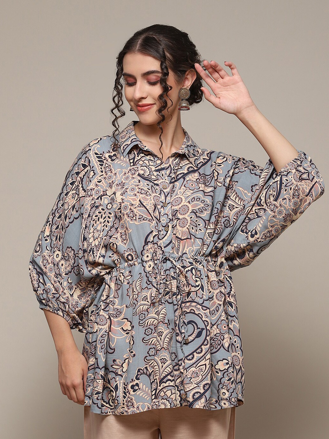 

Biba Printed Shirt Style Kaftan Top, Grey