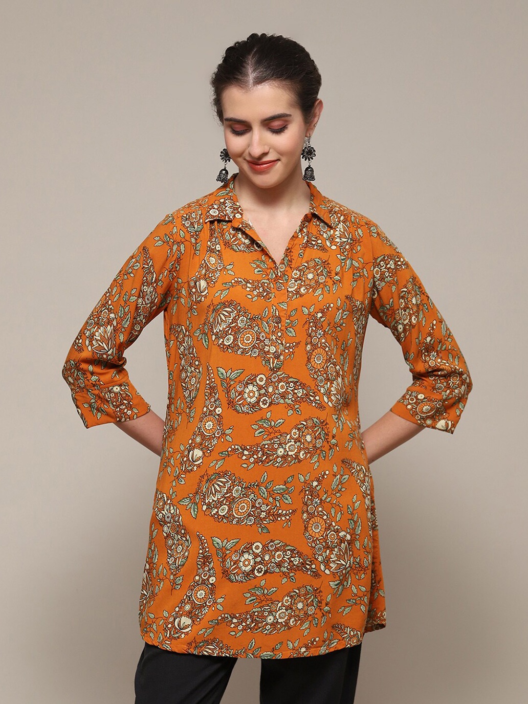 

Biba Ethnic Motifs Printed Shirt Collar Tunic, Mustard