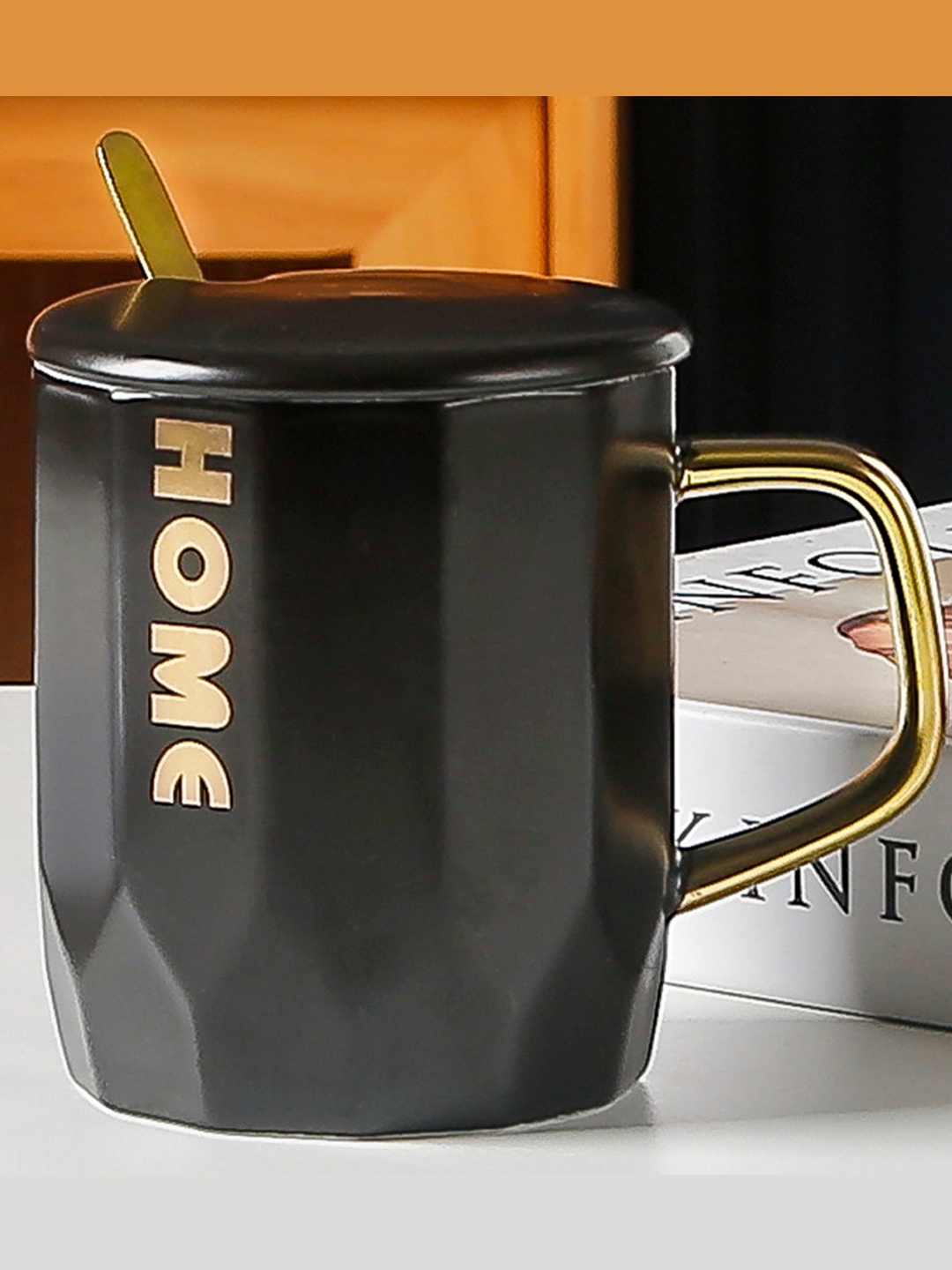 

BonZeaL Black Text Printed Ceramic Matte Coffee Mug With Lid Spoon