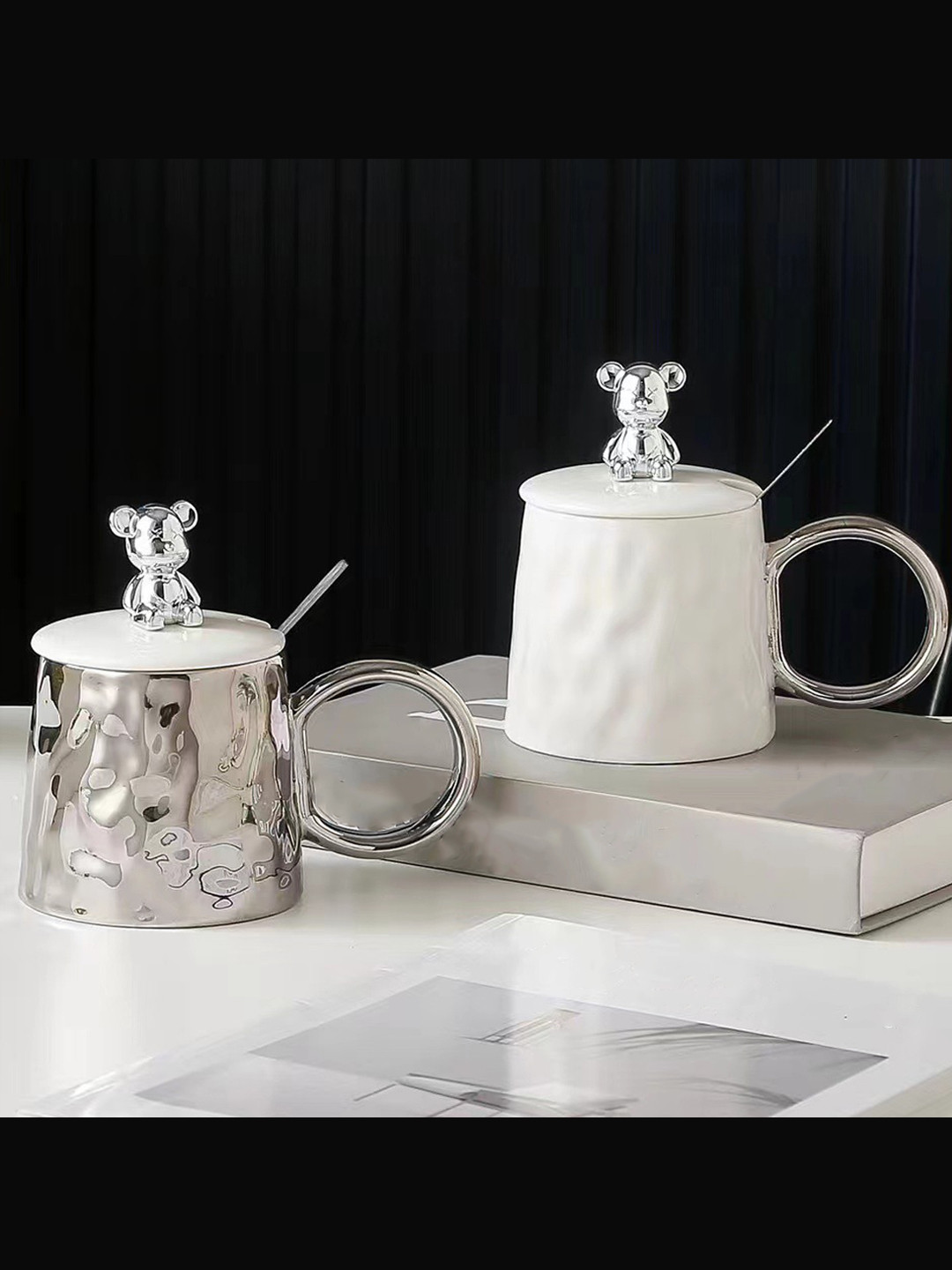 

BonZeaL White & Silver-Toned 2 Pieces Ceramic Glossy Coffee Mugs With Lid & Spoons 300 ml
