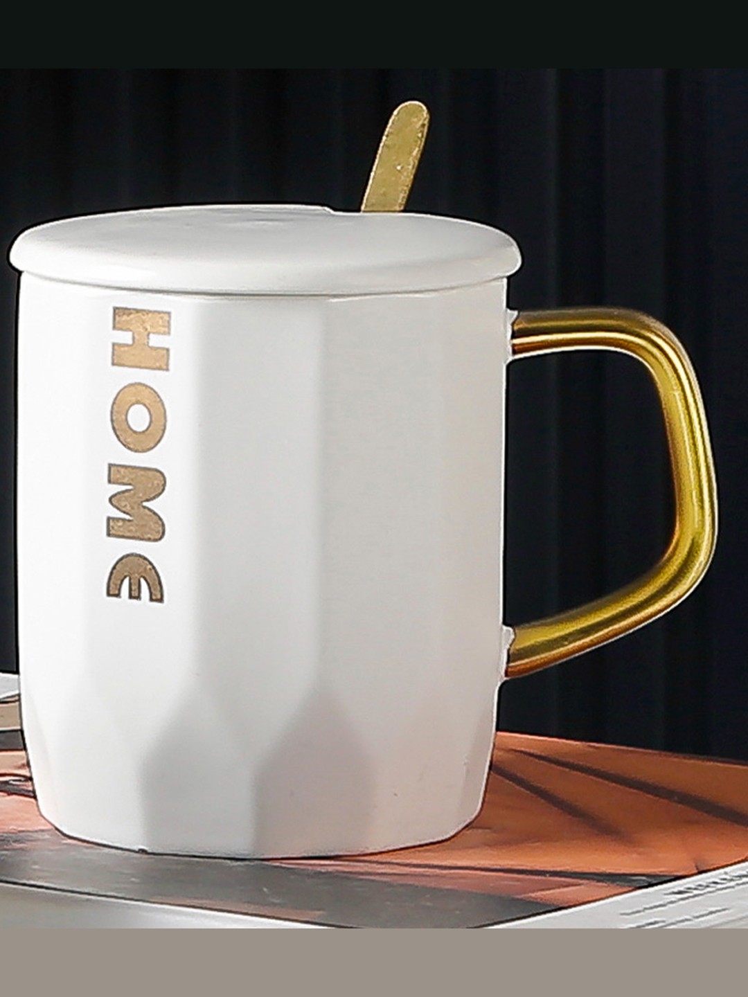 

BonZeaL White Printed Ceramic Matte Coffee Mug With Lid and Spoon - 400 ML