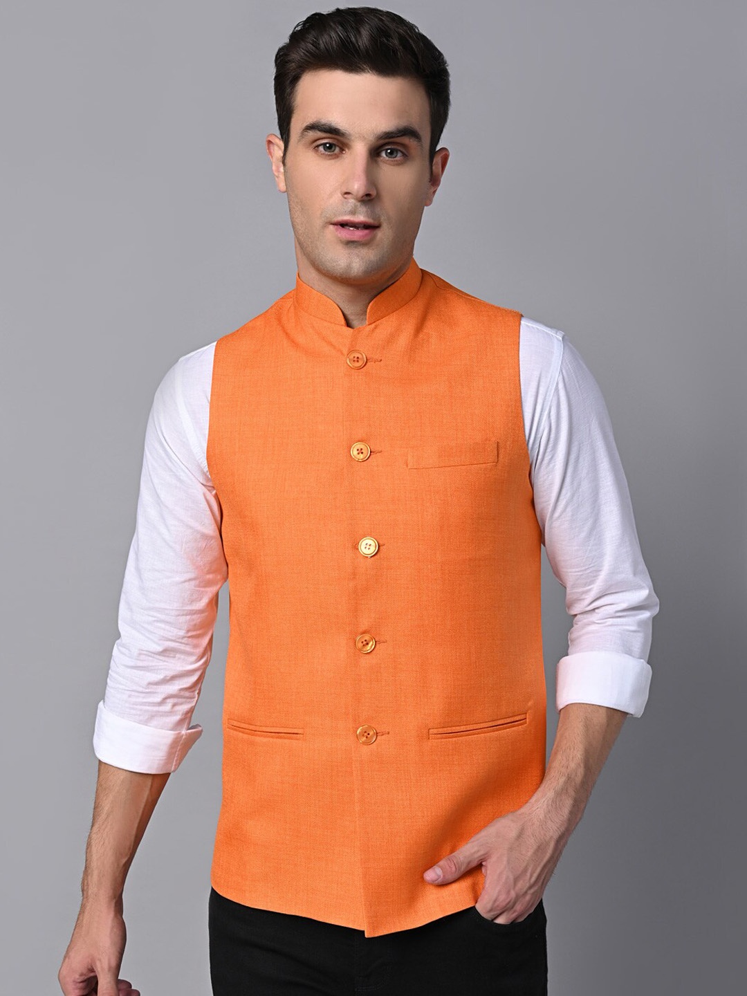 

Vastraa Fusion Mandarin Collar Jute Cotton Nehru Jacket, Orange